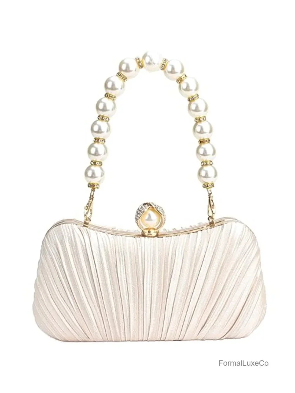Satin Pearl Evening Clutch Purse Ruched Box Handbag with Chain Strap